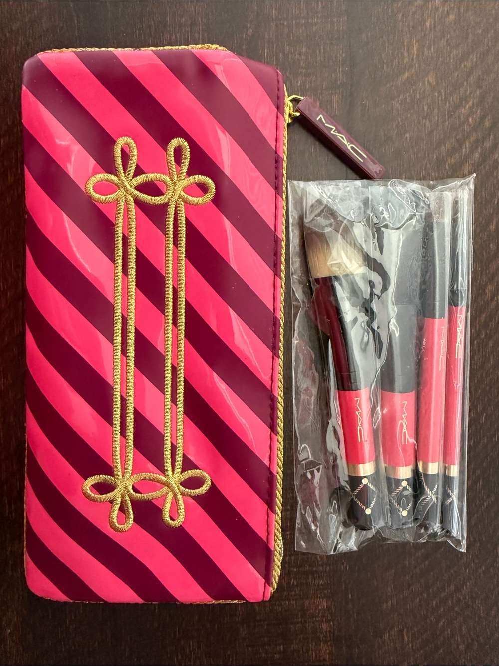MAC Cosmetics Pink & Burgundy Striped Makeup Brush Set Pouch